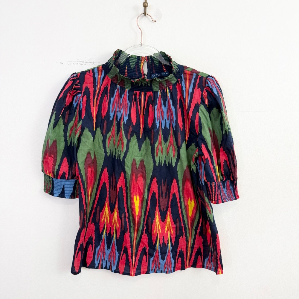 La Plage Ikat Print‎ Smocked Mock Neck Puff Sleeve Cotton Blouse Size M